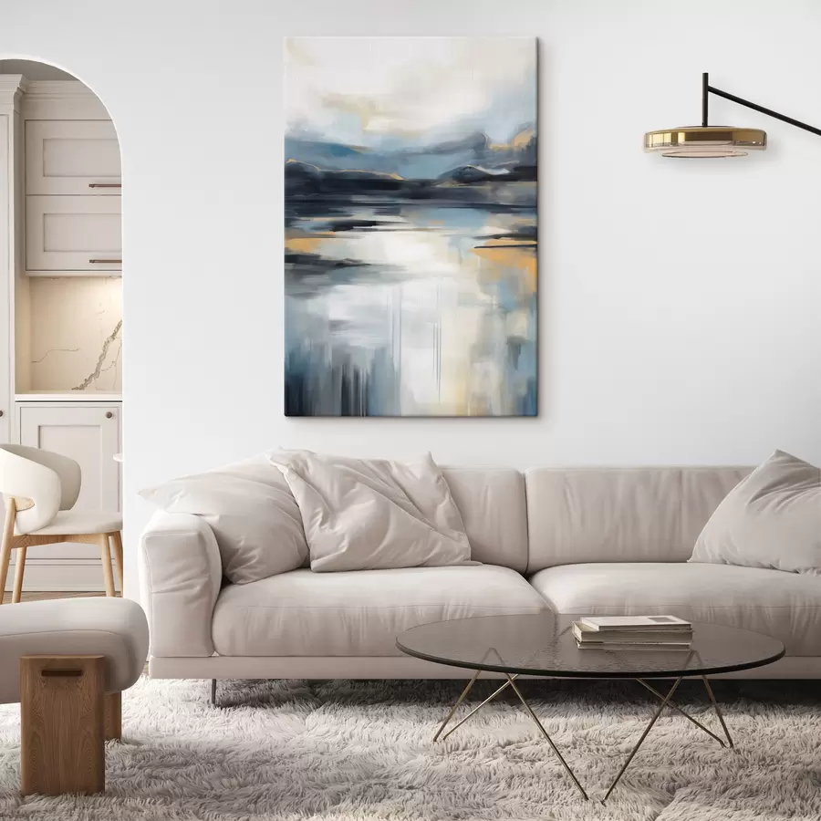 Tableau Paysage abstrait aux tons bleus, gris et jaunes, imitant une peinture texturée s50946