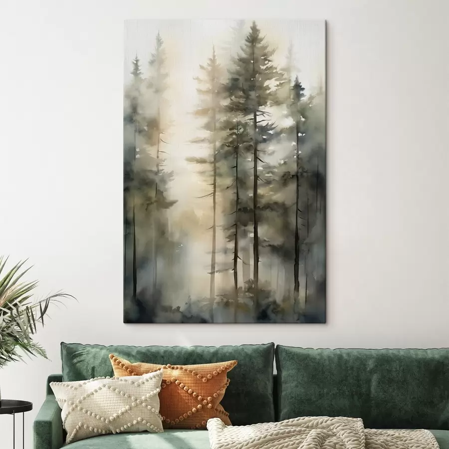 Tableau De grands pins dans une forêt brumeuse baignée de lumière ensoleillée s50947