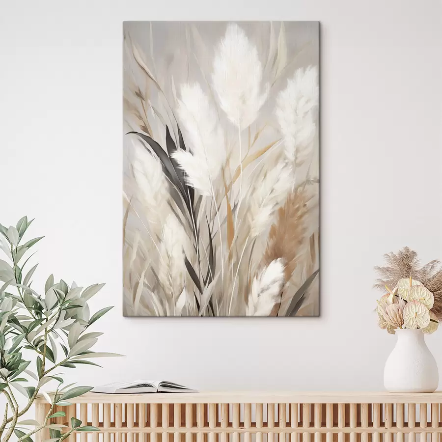 Tableau Herbe de la pampa aux feuilles blanches et noires sur un fond neutre s50955