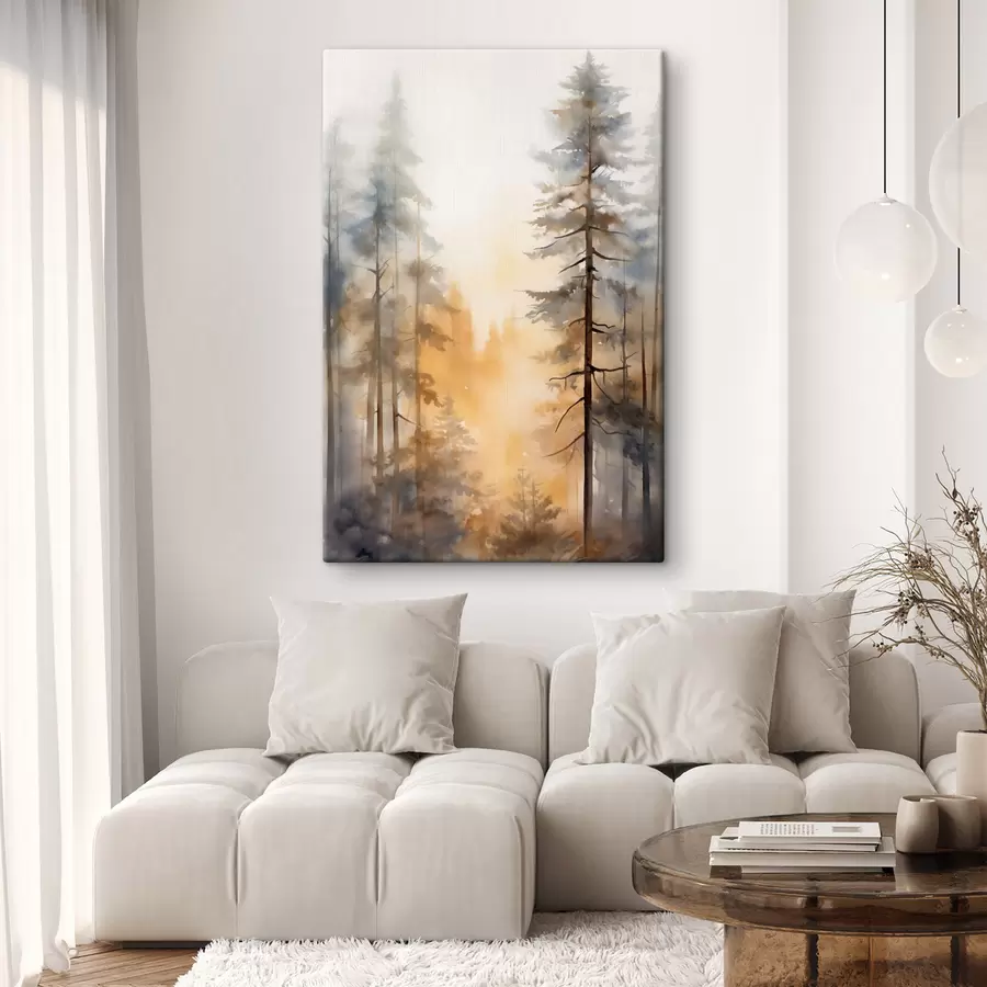 Tableau De grands pins, un paysage forestier baigné d'une lumière orange chaleureuse s50959