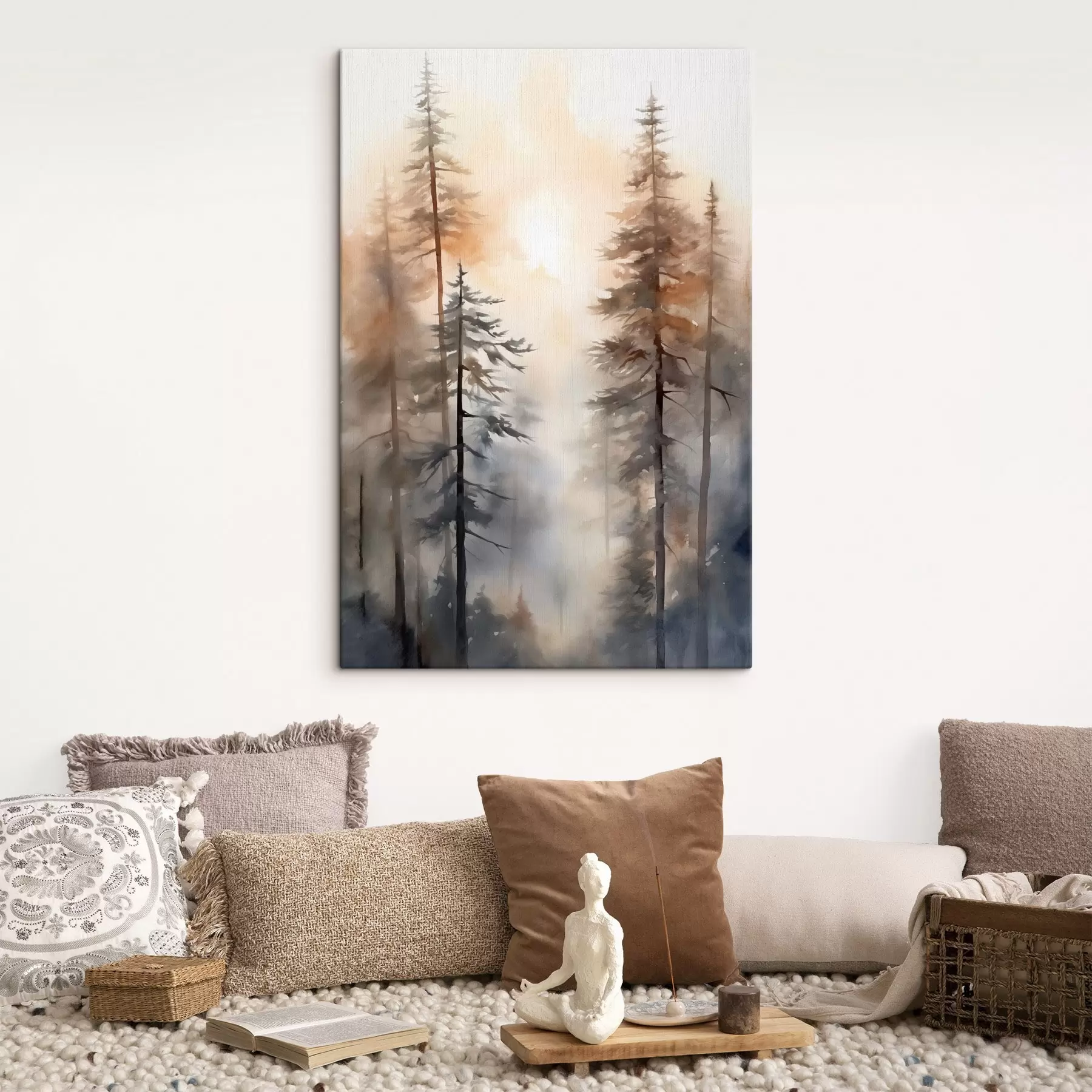 Tableau De grands pins, un paysage forestier baigné d'une lumière orange chaleureuse s50960