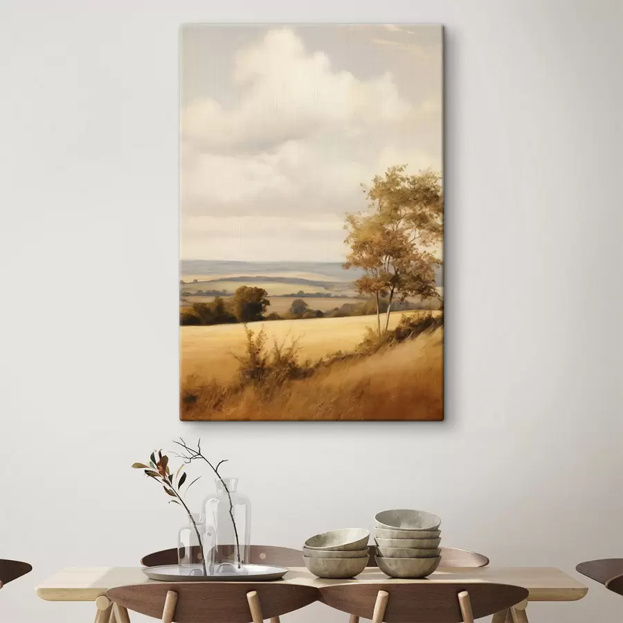 Tableau Paysage texturé avec des collines ondulantes et des champs, feuillage d'automne, style pictural s50965