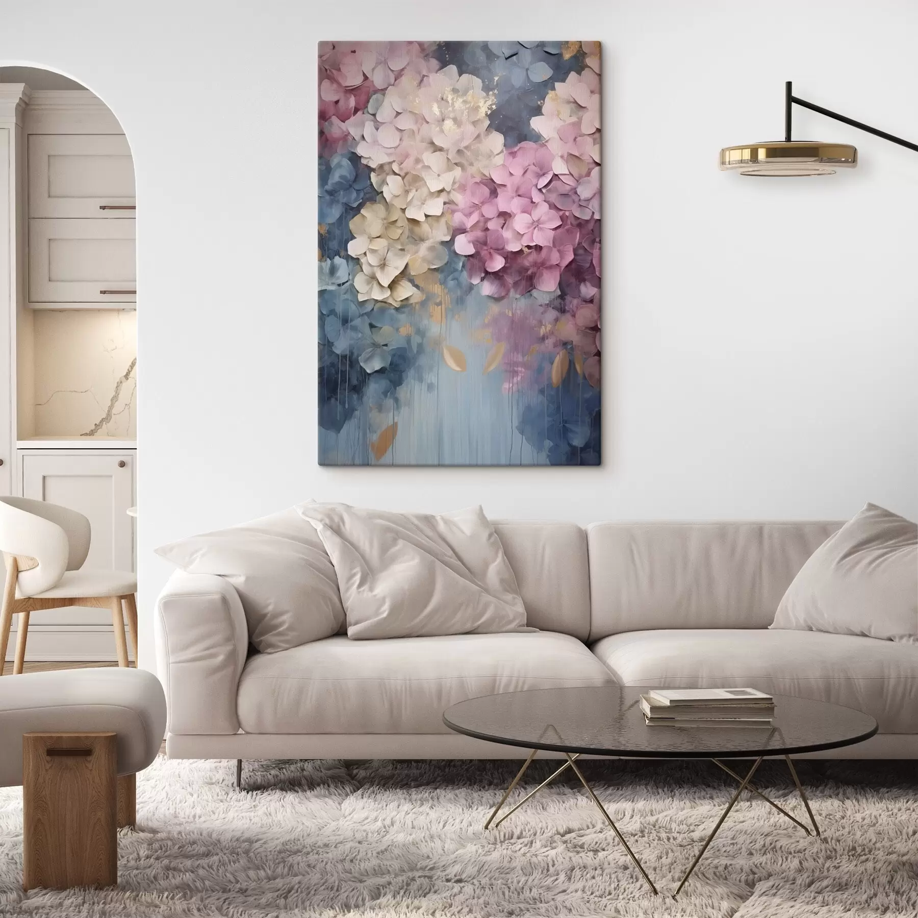 Tableau Hortensias sur fond bleu s50967