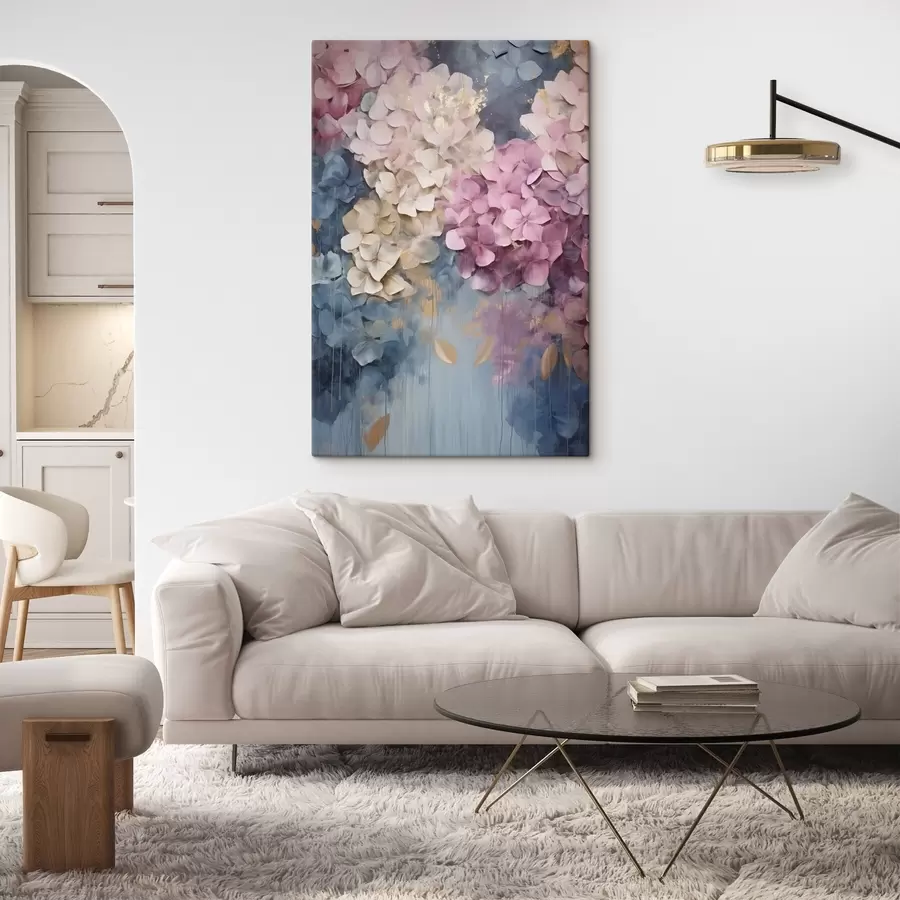 Tableau Hortensias dans des tons de rose, crème et bleu, aux pétales texturés, art abstrait s50967