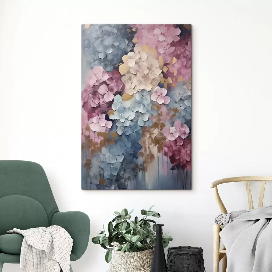 Tableau Hortensias dans des tons de rose, crème et bleu, aux pétales texturés, art abstrait s50968