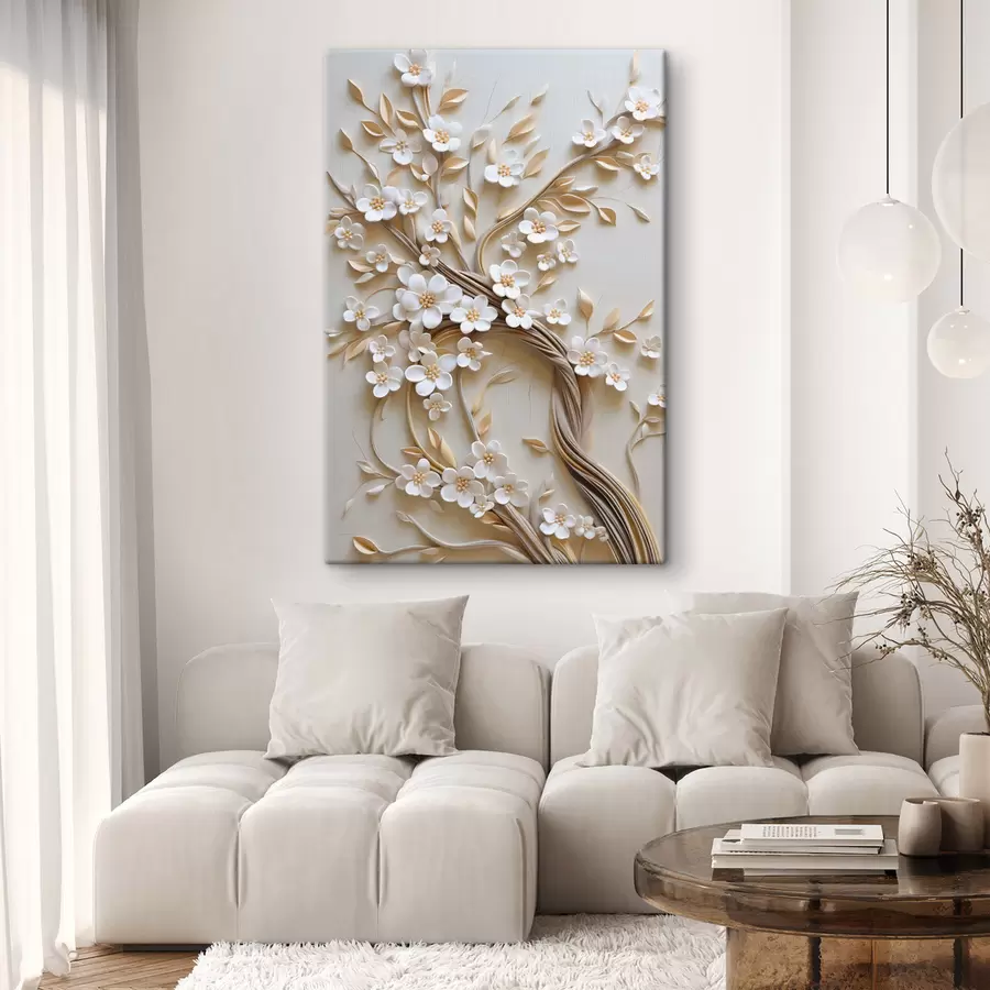 Tableau Arbre aux fleurs blanches et aux tiges brunes, sur fond beige clair orné de volutes texturées s50972