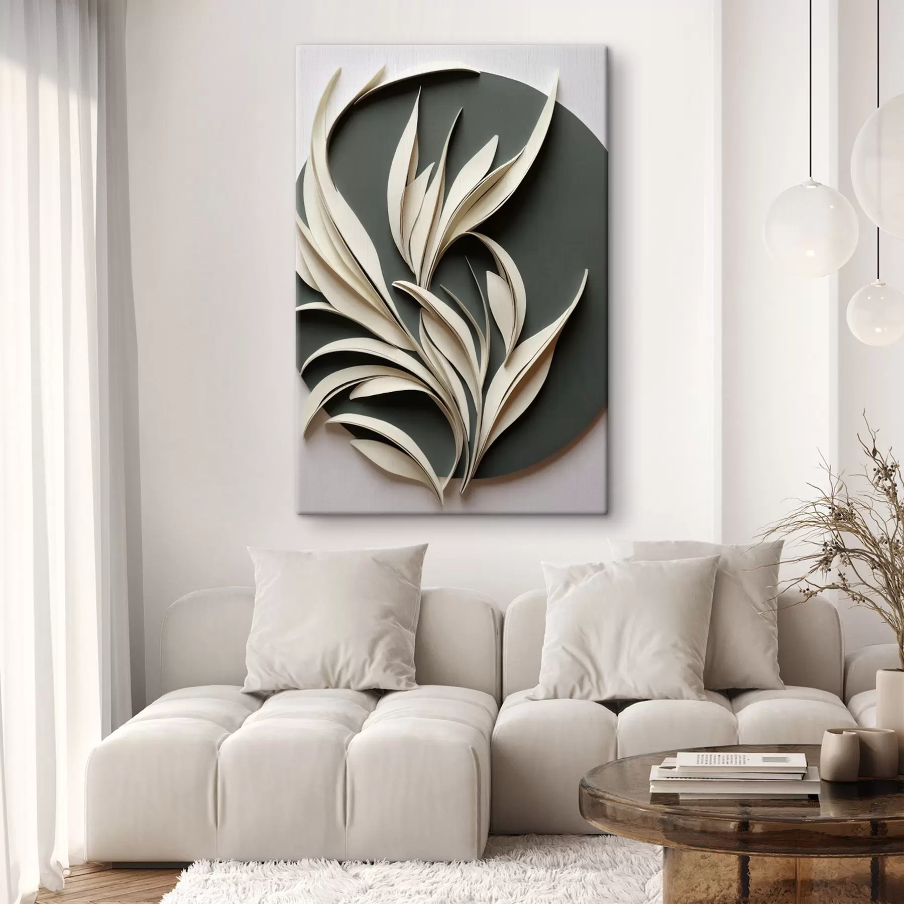 Tableau Feuilles ivoire sur fond noir s50975