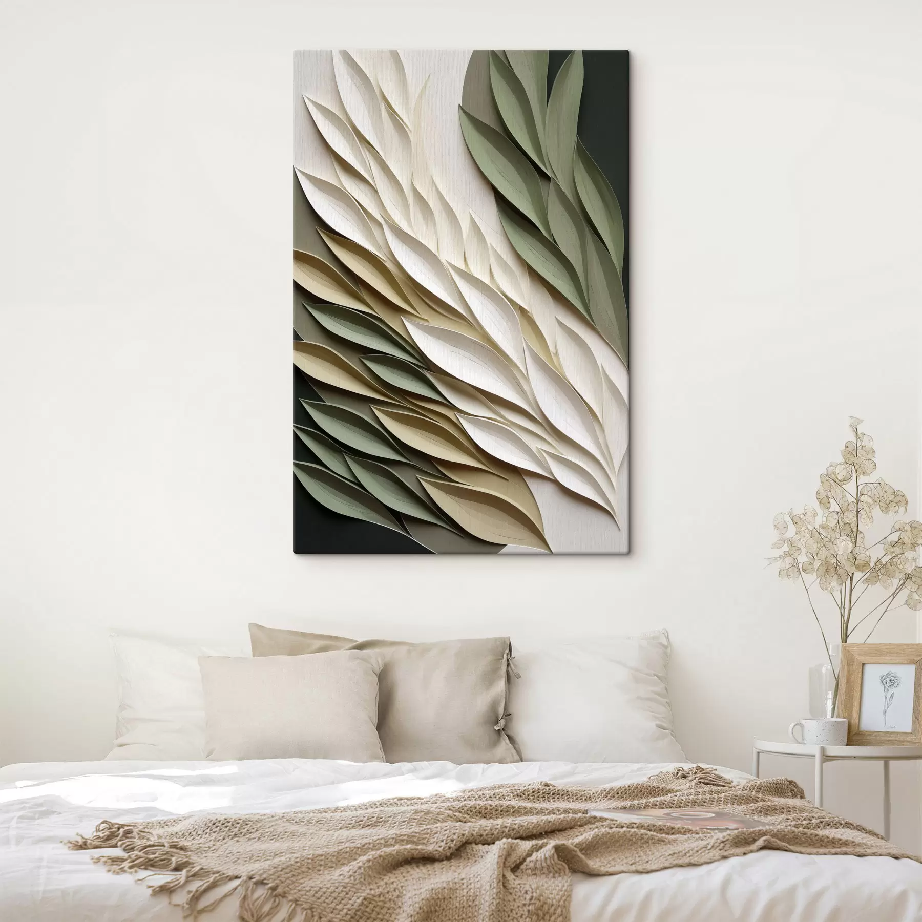 Tableau Vagues de feuilles crème sauge s50976