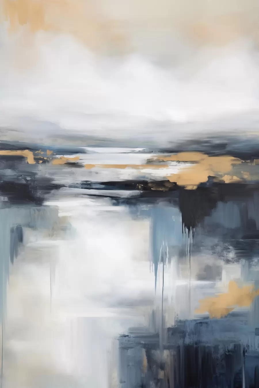 Papier peint Paysage abstrait aux tons bleus, gris et jaunes, imitant une peinture texturée f50945