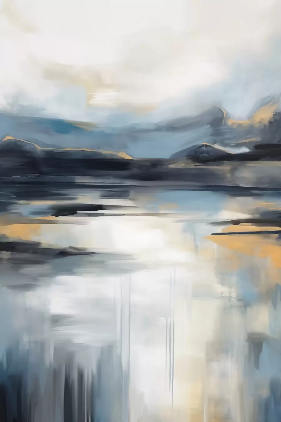 Papier peint Paysage abstrait aux tons bleus, gris et jaunes, imitant une peinture texturée f50946