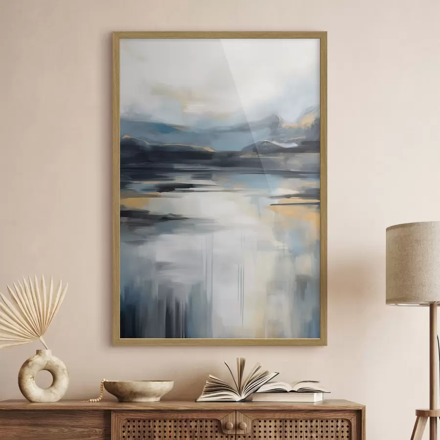 Papier peint Paysage abstrait aux tons bleus, gris et jaunes, imitant une peinture texturée f50946