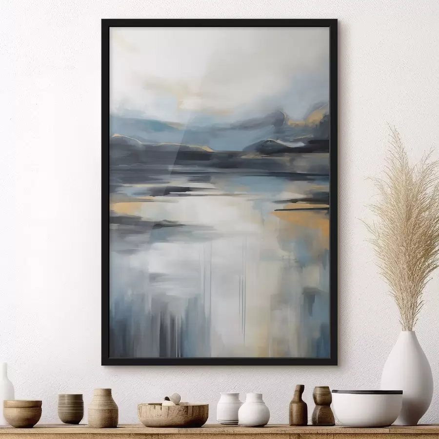 Papier peint Paysage abstrait aux tons bleus, gris et jaunes, imitant une peinture texturée f50946