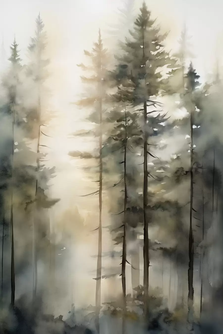 Papier peint De grands pins dans une forêt brumeuse baignée de lumière ensoleillée f50947