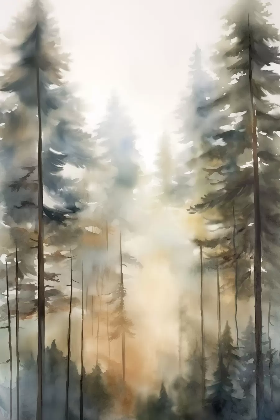 Papier peint De grands pins dans une forêt brumeuse baignée de lumière ensoleillée f50948