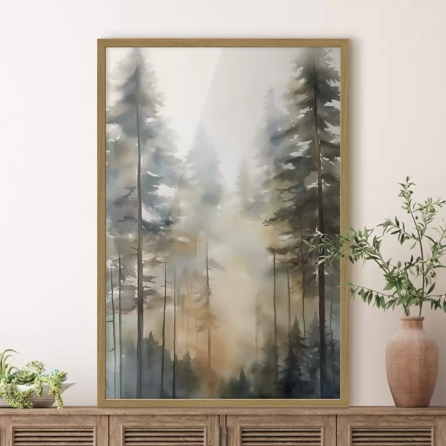 Papier peint De grands pins dans une forêt brumeuse baignée de lumière ensoleillée f50948