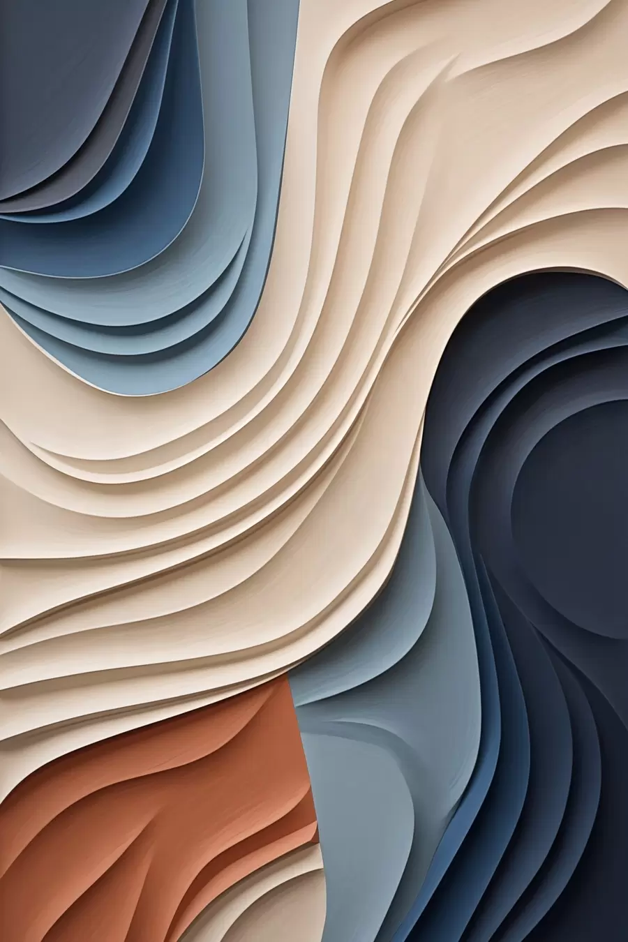 Papier peint Couches abstraites et ondulées dans des tons crème, bleu et orange, œuvre d'art moderne texturée f50949