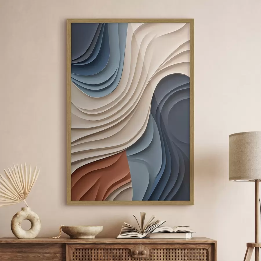 Papier peint Couches abstraites et ondulées dans des tons crème, bleu et orange, œuvre d'art moderne texturée f50949
