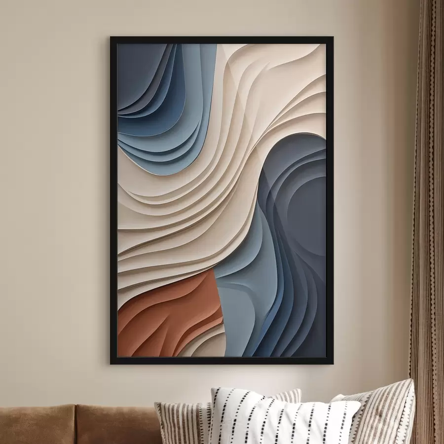 Papier peint Couches abstraites et ondulées dans des tons crème, bleu et orange, œuvre d'art moderne texturée f50949