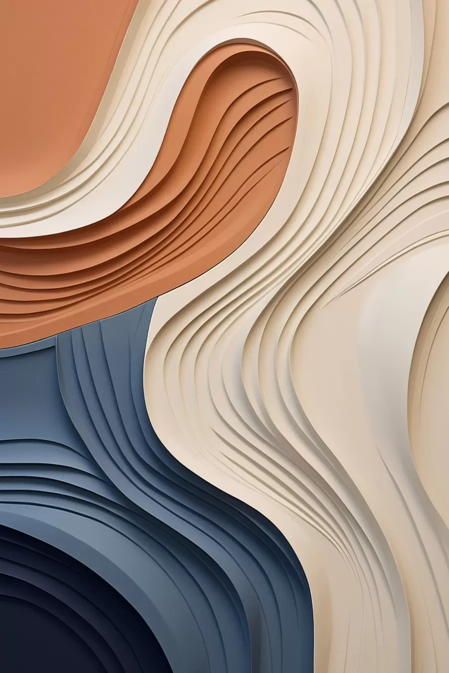 Papier peint Couches abstraites et ondulées dans des tons crème, bleu et orange, œuvre d'art moderne texturée f50950