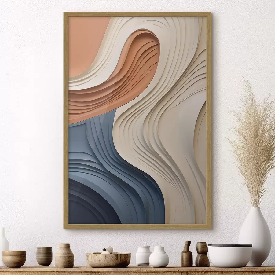 Papier peint Couches abstraites et ondulées dans des tons crème, bleu et orange, œuvre d'art moderne texturée f50950
