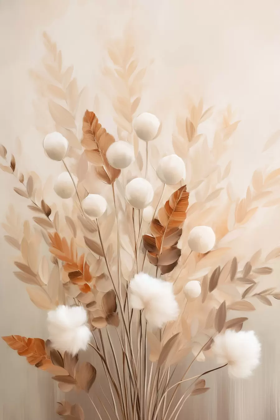 Papier peint Un bouquet de fleurs blanches duveteuses et de feuilles d'oranger séchées, aux couleurs douces et discrètes f50951