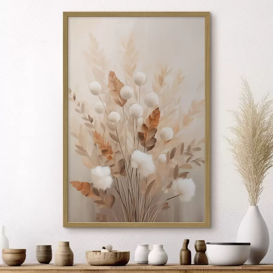 Papier peint Un bouquet de fleurs blanches duveteuses et de feuilles d'oranger séchées, aux couleurs douces et discrètes f50951