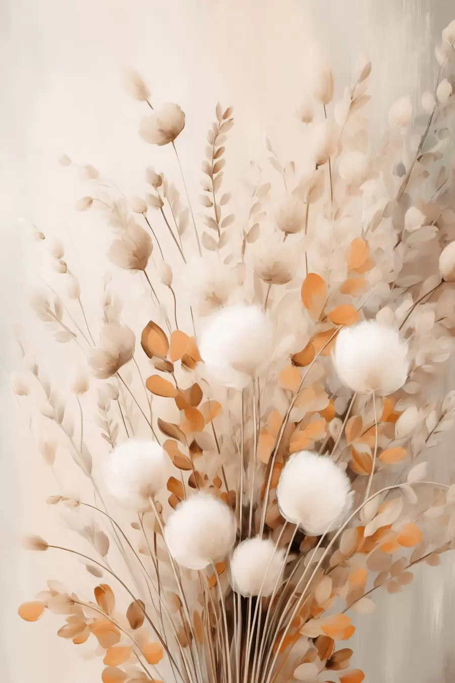 Papier peint Un bouquet de fleurs blanches duveteuses et de feuilles d'oranger séchées, aux couleurs douces et discrètes f50952
