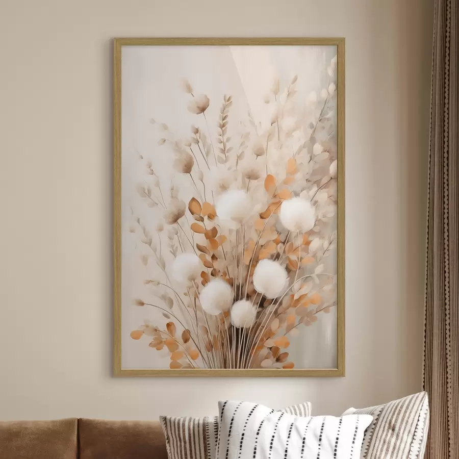 Papier peint Un bouquet de fleurs blanches duveteuses et de feuilles d'oranger séchées, aux couleurs douces et discrètes f50952