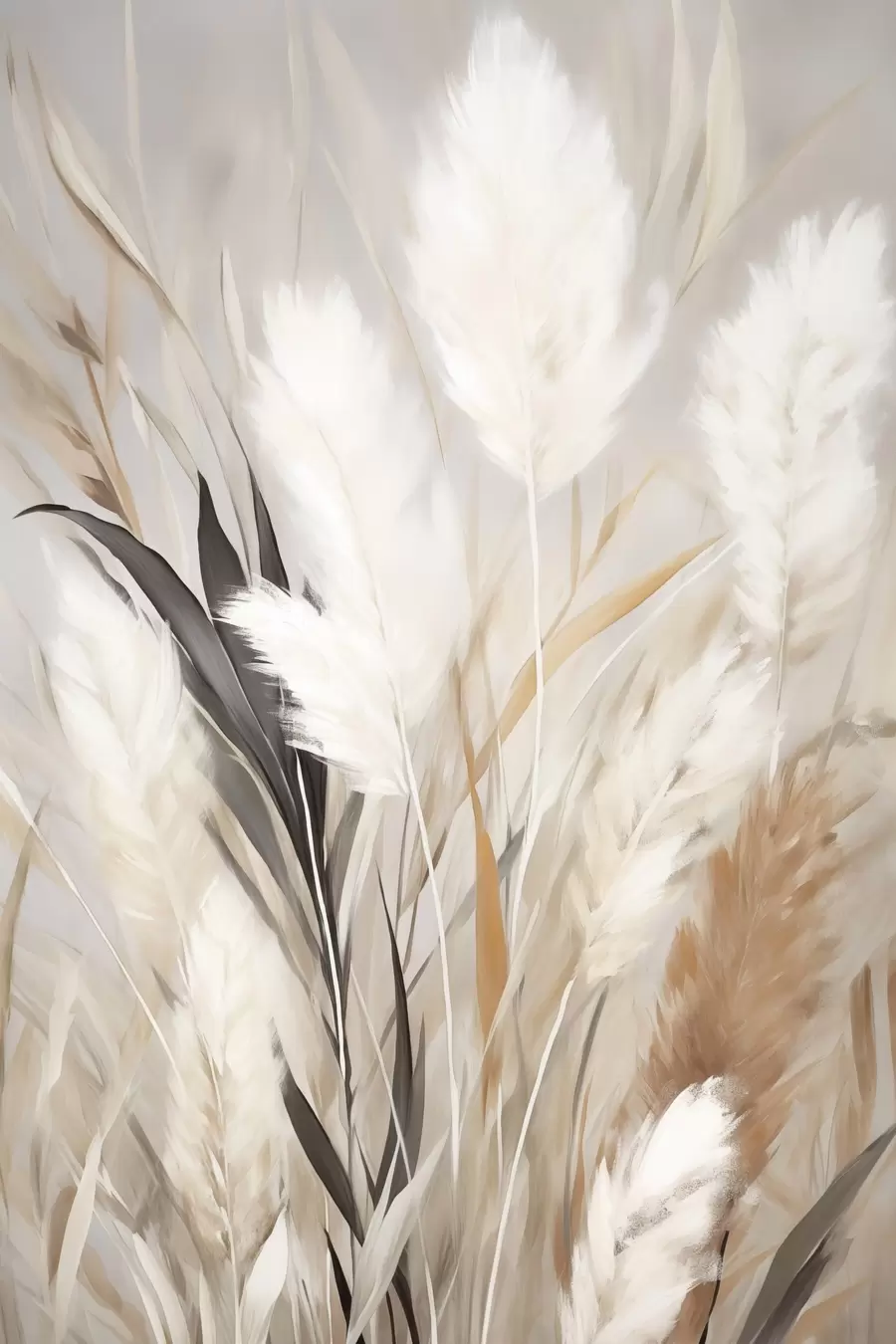 Papier peint Herbe de la pampa aux feuilles blanches et noires sur un fond neutre f50955