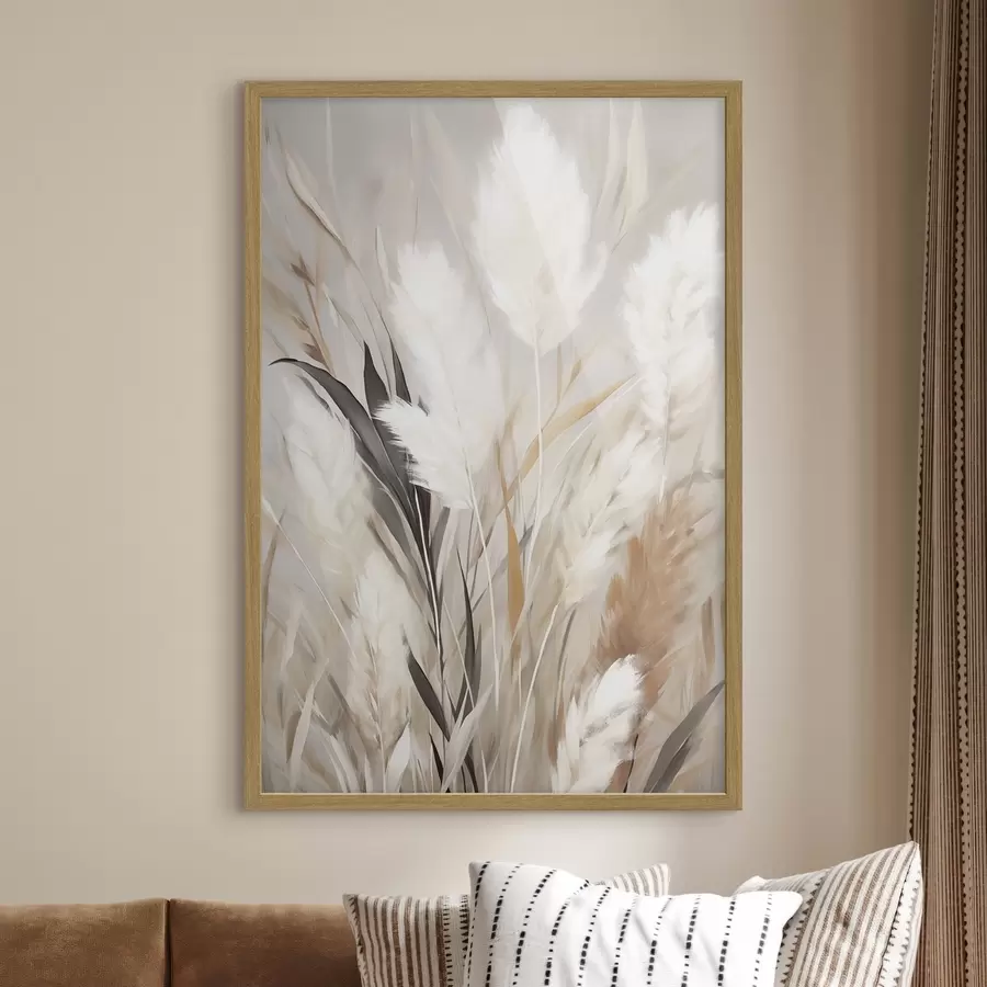 Papier peint Herbe de la pampa aux feuilles blanches et noires sur un fond neutre f50955
