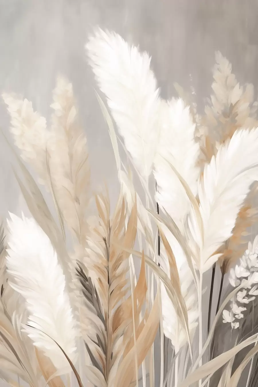 Papier peint Herbe de la pampa aux feuilles blanches et noires sur un fond neutre f50956