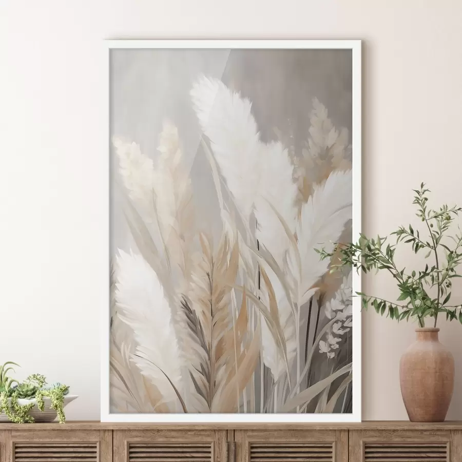Papier peint Herbe de la pampa aux feuilles blanches et noires sur un fond neutre f50956