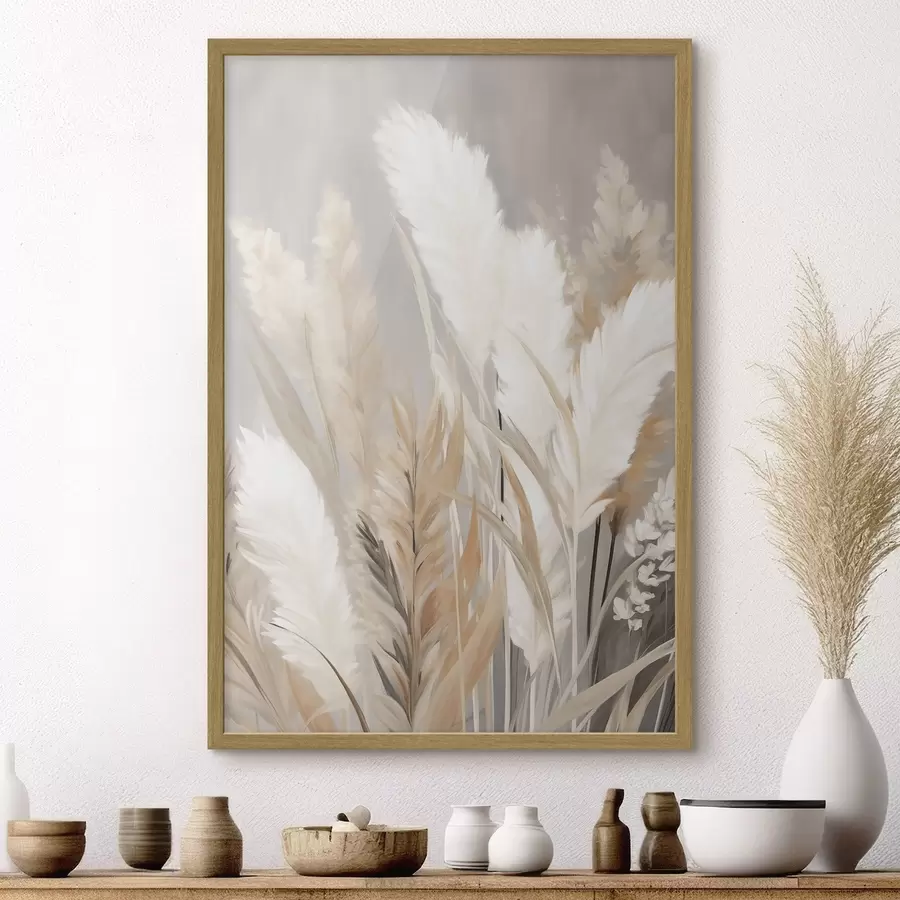 Papier peint Herbe de la pampa aux feuilles blanches et noires sur un fond neutre f50956