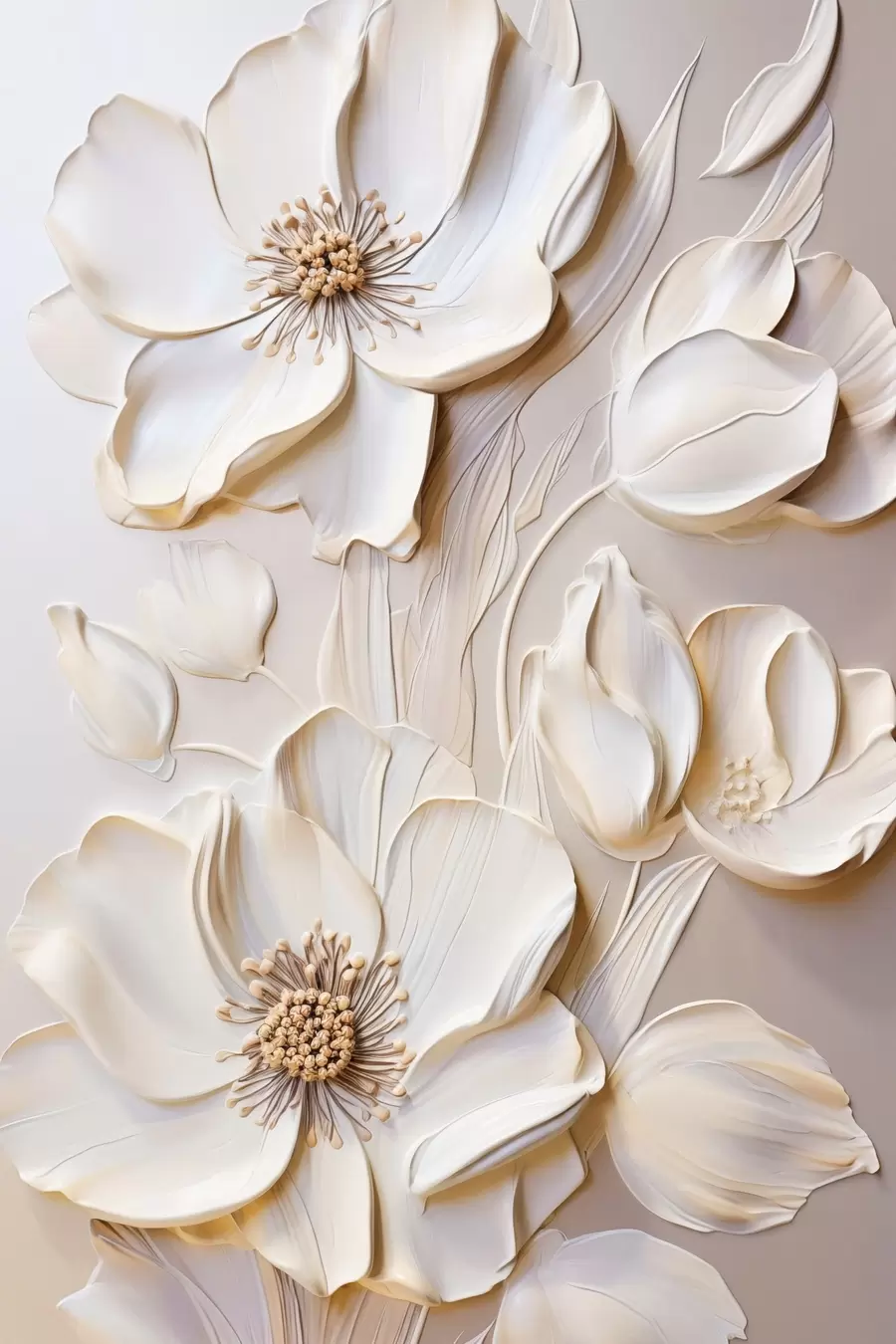 Papier peint Fleurs de couleur crème aux pétales texturés, sur un fond doux et clair f50957