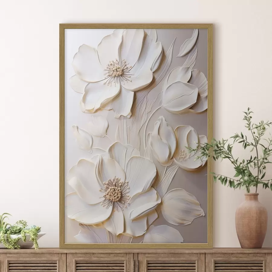 Papier peint Fleurs de couleur crème aux pétales texturés, sur un fond doux et clair f50957