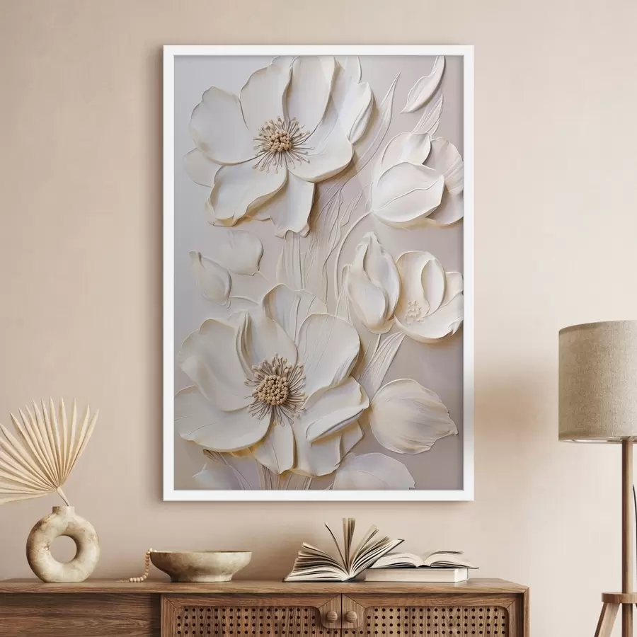 Papier peint Fleurs de couleur crème aux pétales texturés, sur un fond doux et clair f50957