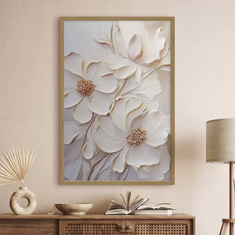 Papier peint Fleurs de couleur crème aux pétales texturés, sur un fond doux et clair f50958