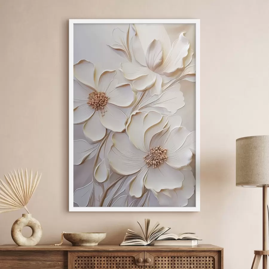 Papier peint Fleurs de couleur crème aux pétales texturés, sur un fond doux et clair f50958