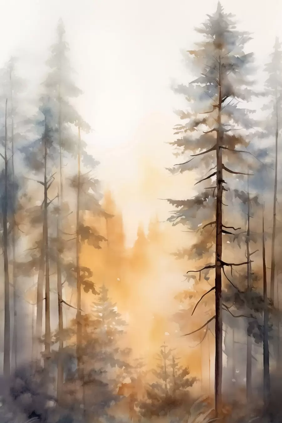 Papier peint De grands pins, un paysage forestier baigné d'une lumière orange chaleureuse f50959