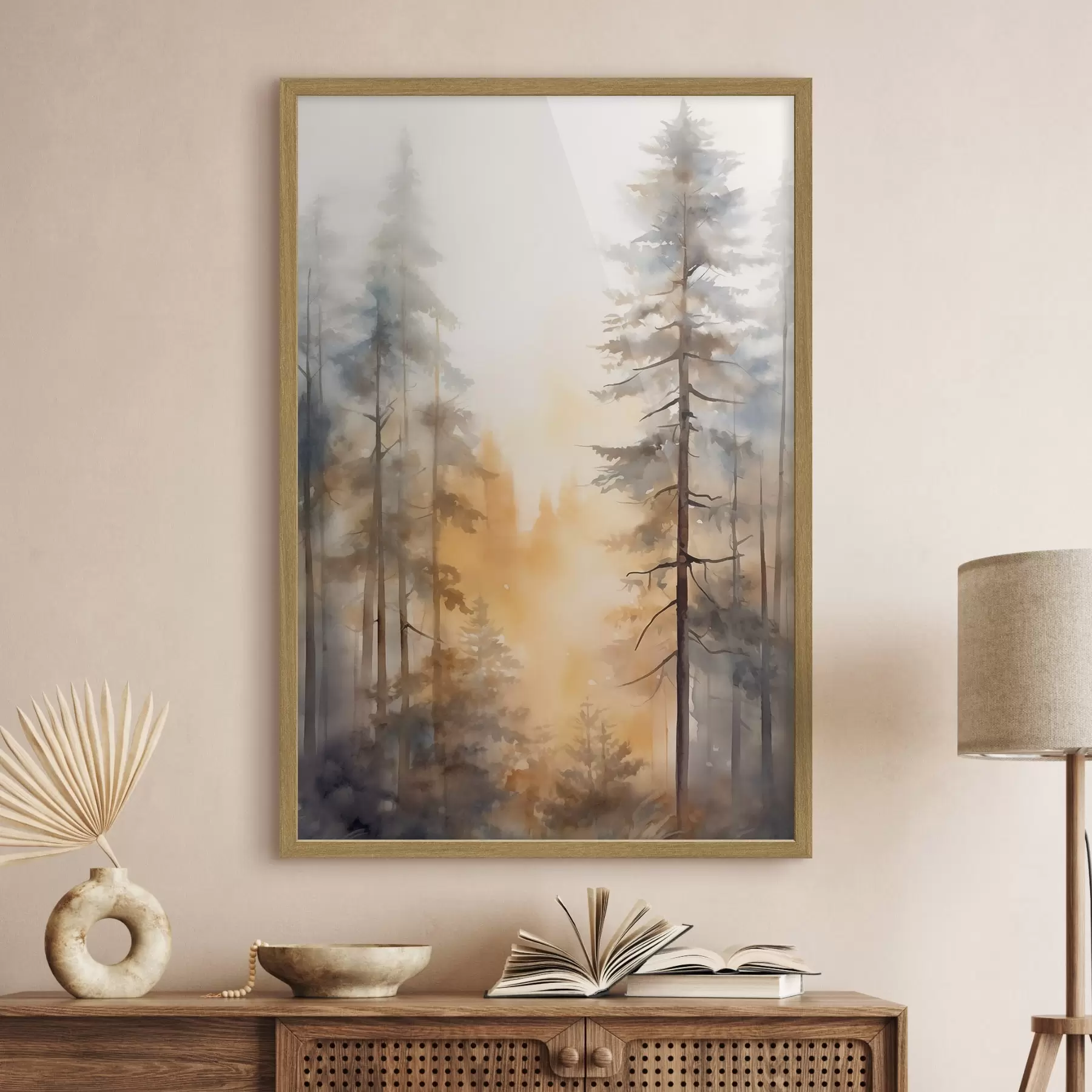 Papier peint De grands pins, un paysage forestier baigné d'une lumière orange chaleureuse f50959
