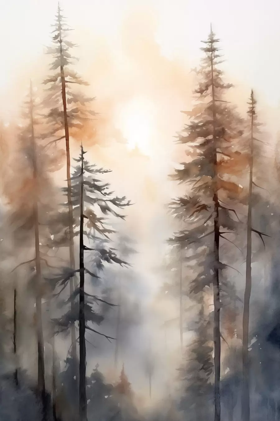 Papier peint De grands pins, un paysage forestier baigné d'une lumière orange chaleureuse f50960