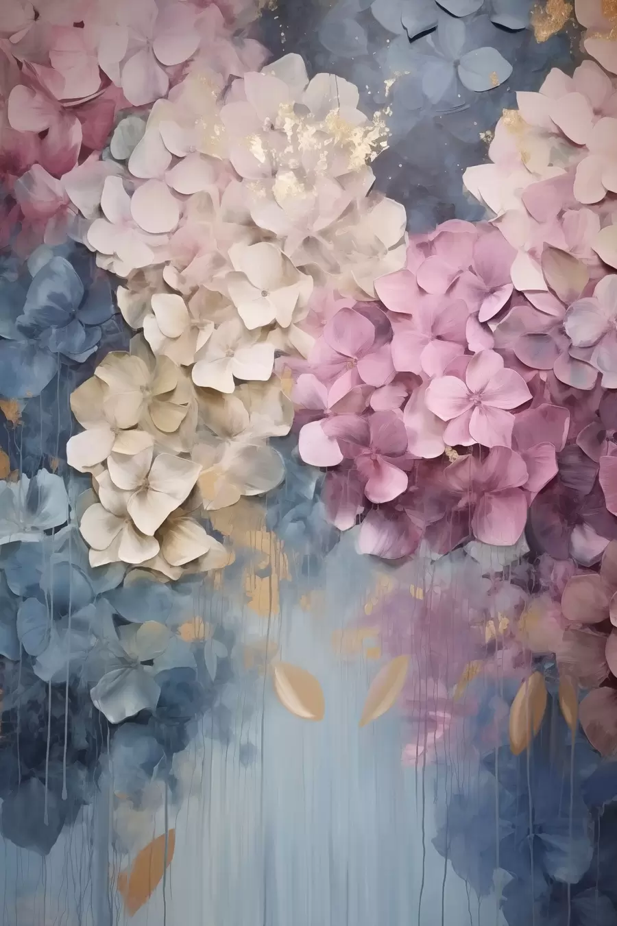 Papier peint Hortensias dans des tons de rose, crème et bleu, aux pétales texturés, art abstrait f50967