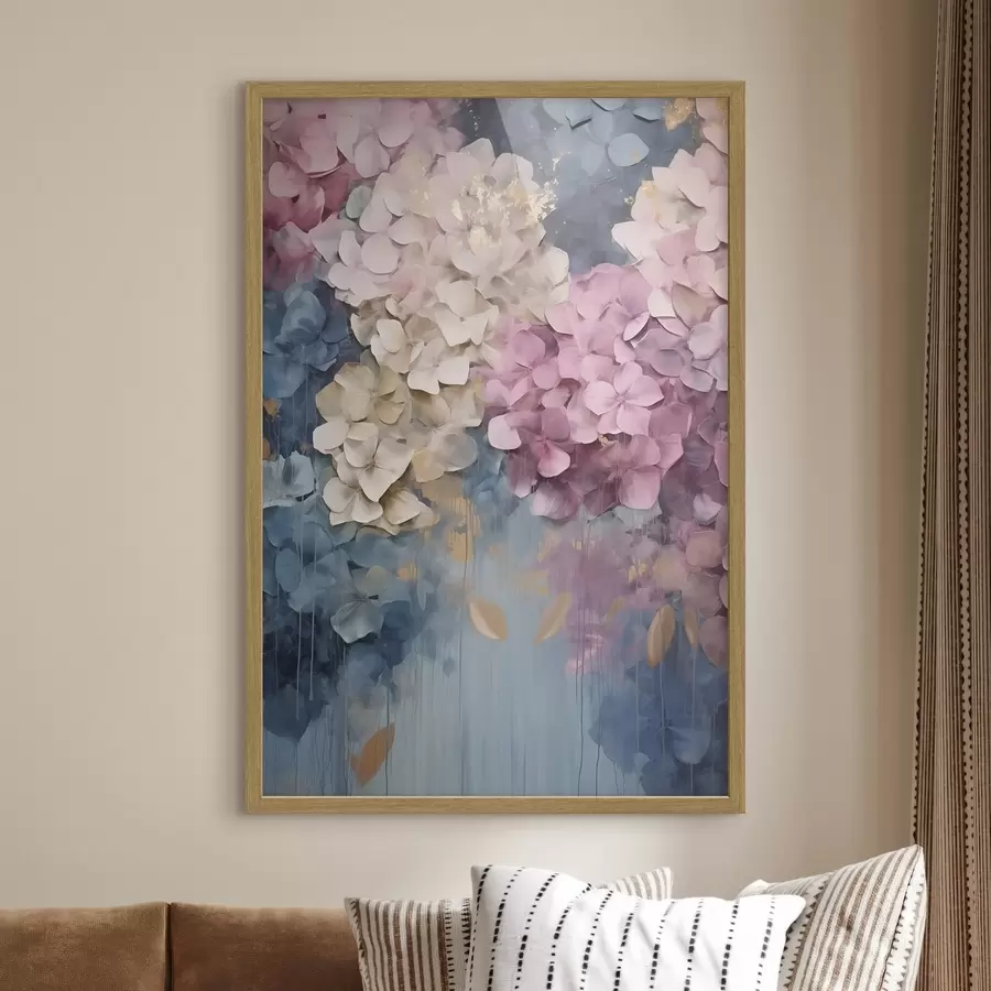 Papier peint Hortensias dans des tons de rose, crème et bleu, aux pétales texturés, art abstrait f50967