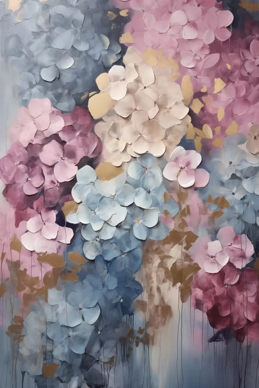 Papier peint Hortensias dans des tons de rose, crème et bleu, aux pétales texturés, art abstrait f50968