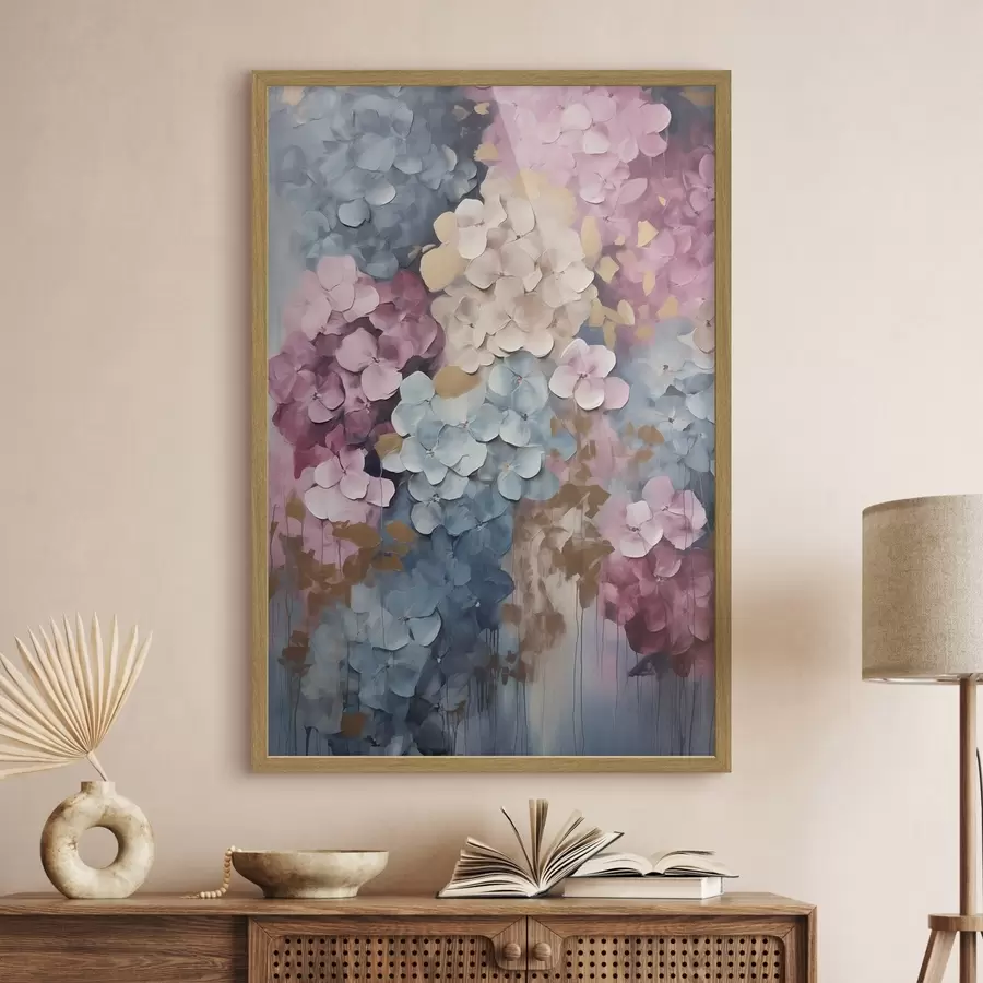 Papier peint Hortensias dans des tons de rose, crème et bleu, aux pétales texturés, art abstrait f50968