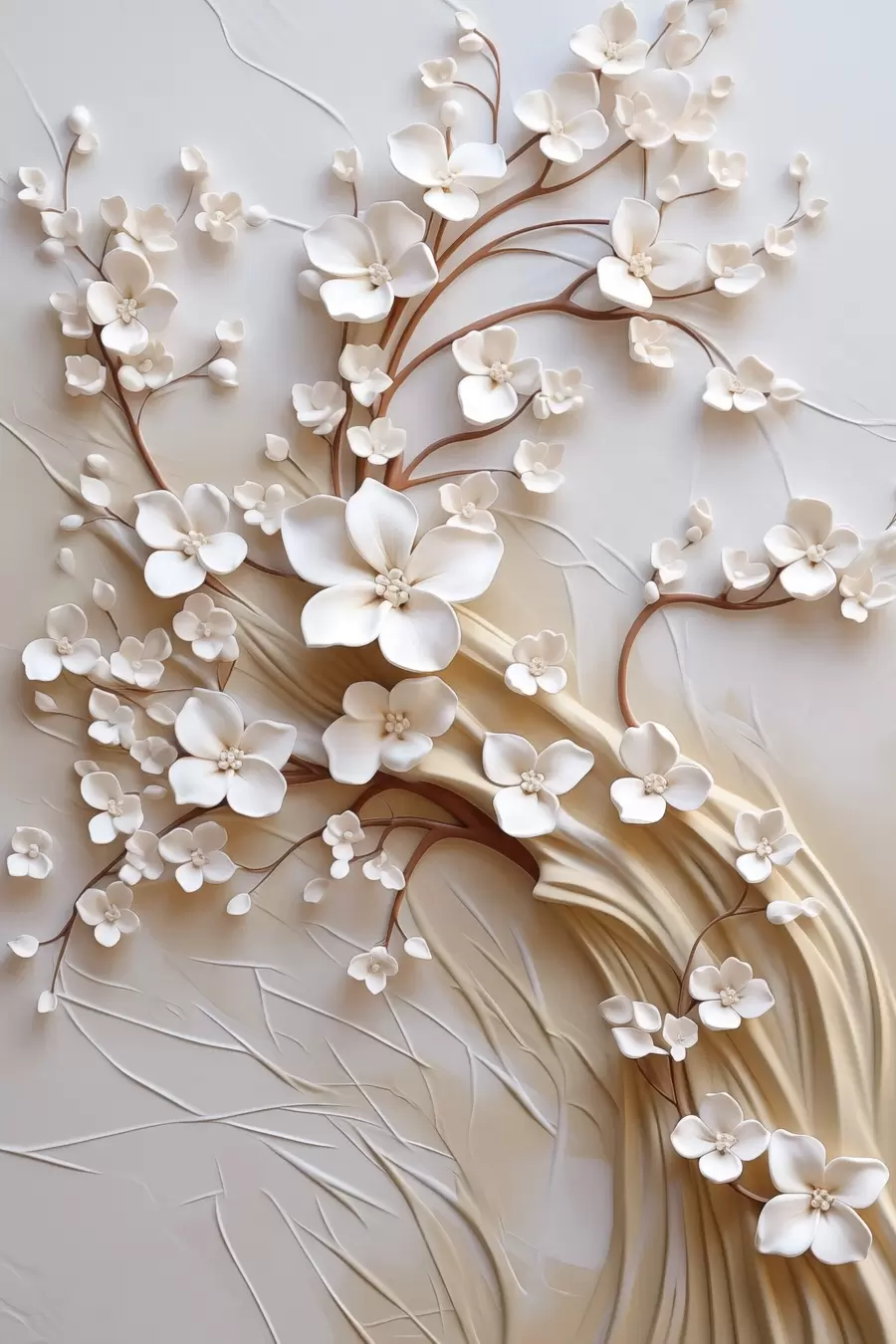 Papier peint Arbre aux fleurs blanches et aux tiges brunes, sur fond beige clair orné de volutes texturées f50971