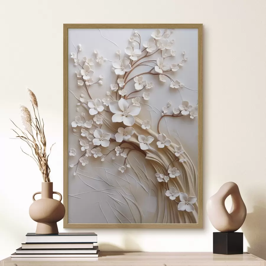 Papier peint Arbre aux fleurs blanches et aux tiges brunes, sur fond beige clair orné de volutes texturées f50971
