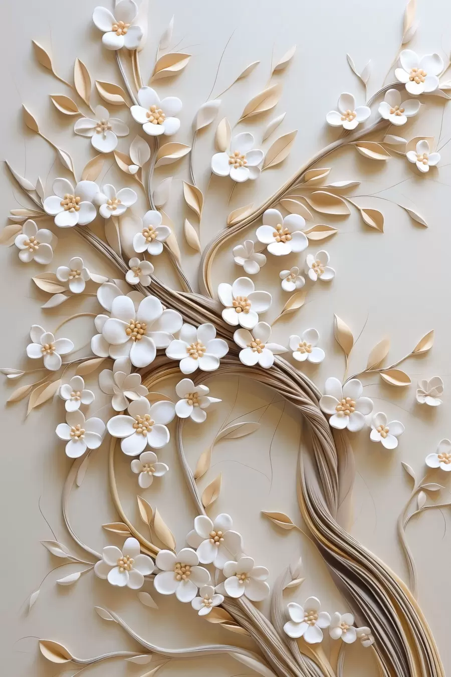 Papier peint Arbre aux fleurs blanches et aux tiges brunes, sur fond beige clair orné de volutes texturées f50972