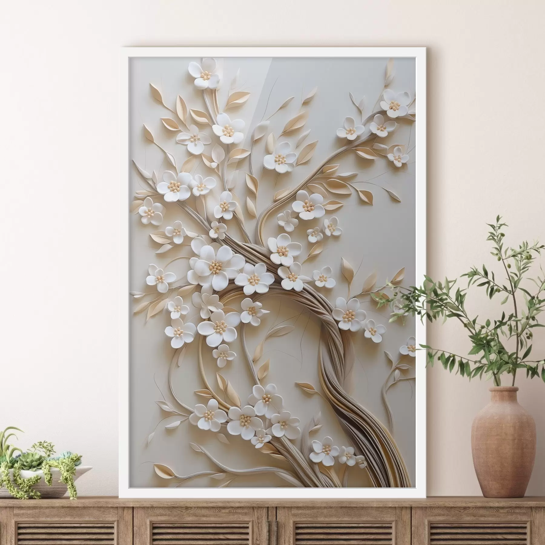 Papier peint Arbre aux fleurs blanches et aux tiges brunes, sur fond beige clair orné de volutes texturées f50972