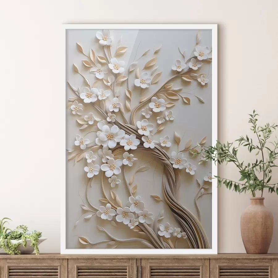Papier peint Arbre aux fleurs blanches et aux tiges brunes, sur fond beige clair orné de volutes texturées f50972